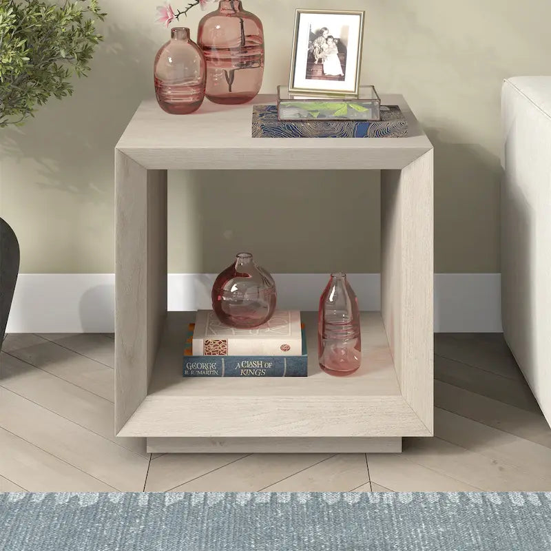 Modern Open Cube Side Table with Lower Shelf Wood-Look Finish