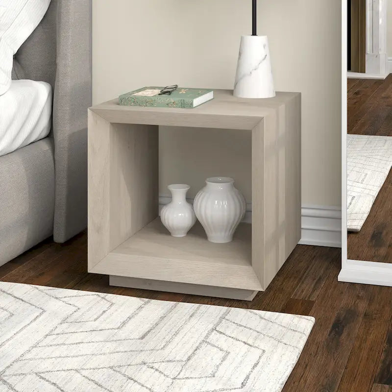 Modern Open Cube Side Table with Lower Shelf Wood-Look Finish