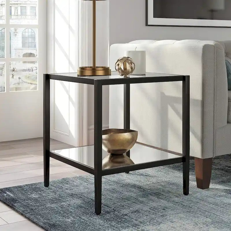 Square Tempered Glass Top Steel Frame Side Table with Open Shelf