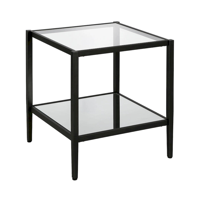 Square Tempered Glass Top Steel Frame Side Table with Open Shelf