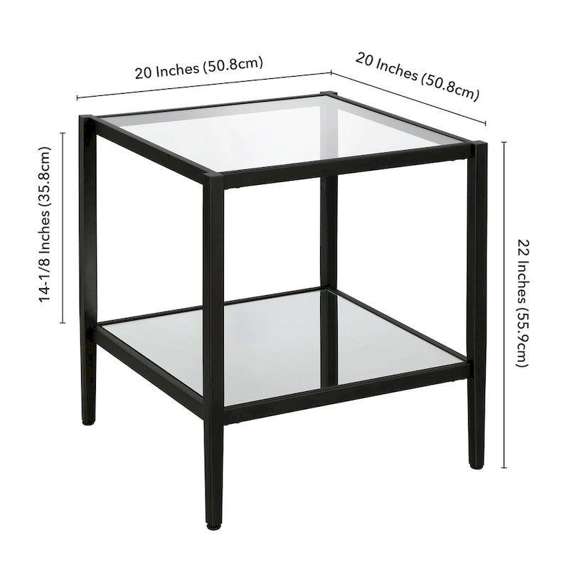 Square Tempered Glass Top Steel Frame Side Table with Open Shelf