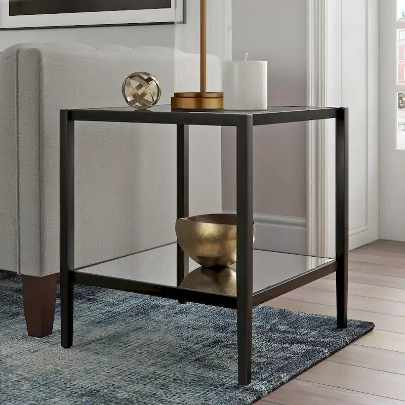 Square Tempered Glass Top Steel Frame Side Table with Open Shelf