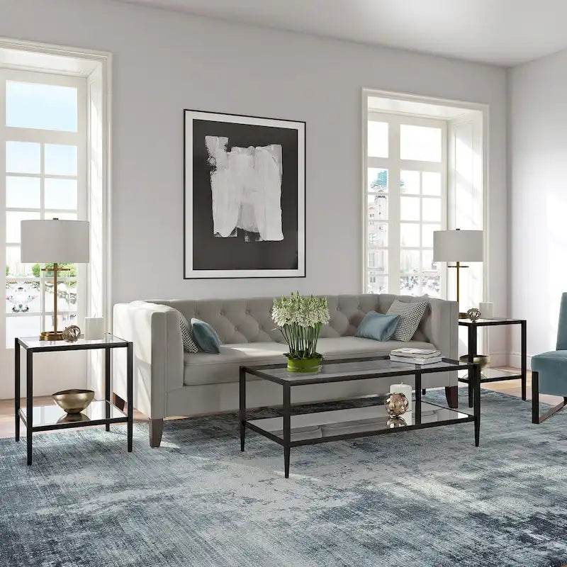 Square Tempered Glass Top Steel Frame Side Table with Open Shelf