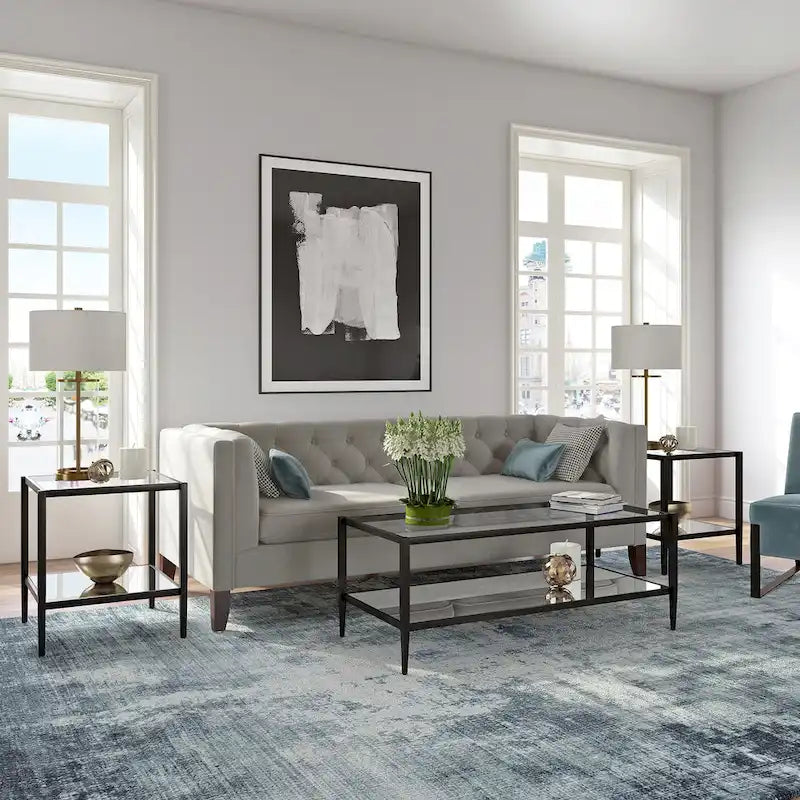 Square Tempered Glass Top Steel Frame Side Table with Open Shelf