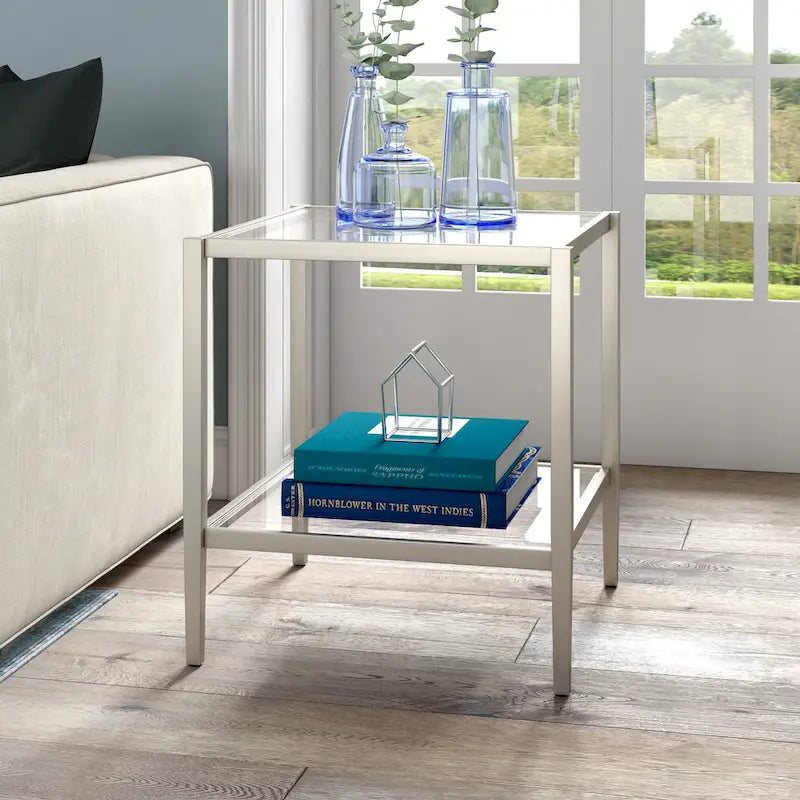 Square Tempered Glass Top Steel Frame Side Table with Open Shelf