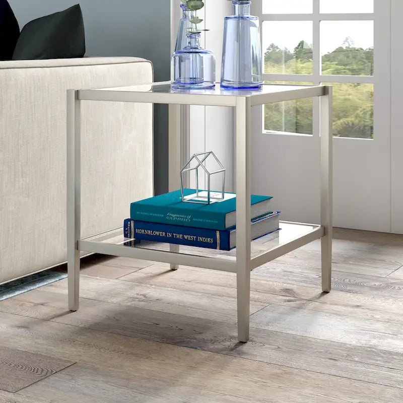 Square Tempered Glass Top Steel Frame Side Table with Open Shelf