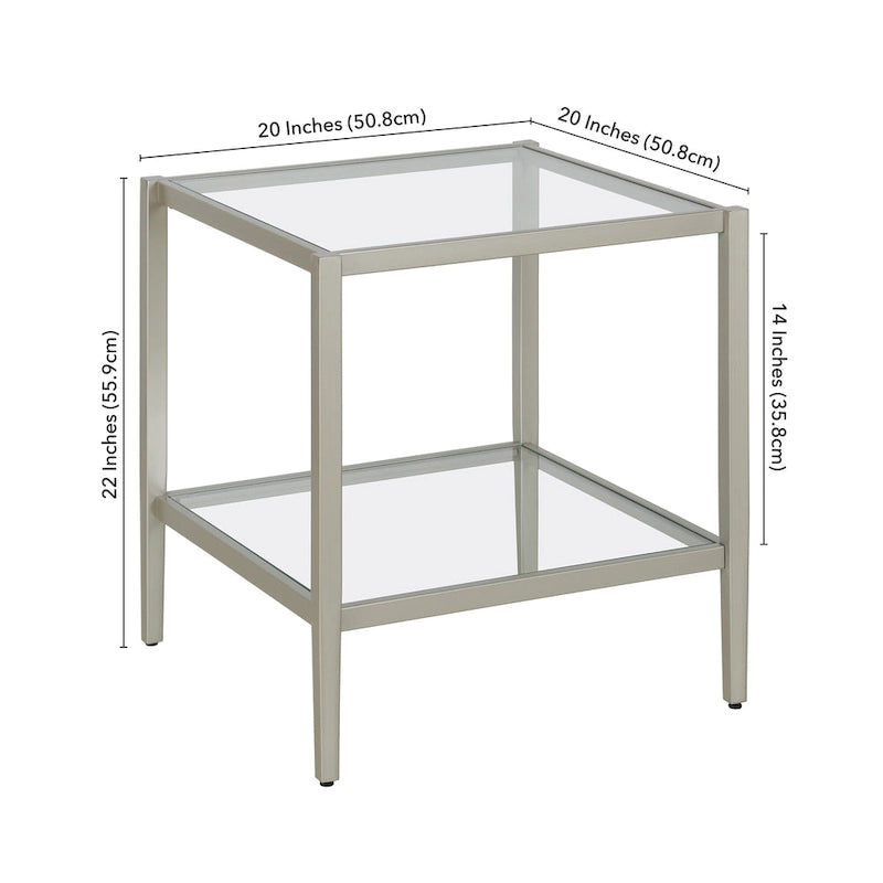 Square Tempered Glass Top Steel Frame Side Table with Open Shelf
