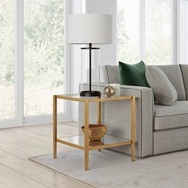 Square Tempered Glass Top Steel Frame Side Table with Open Shelf