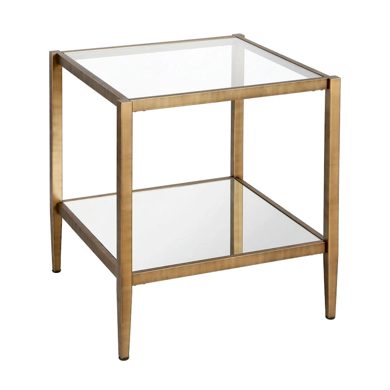 Square Tempered Glass Top Steel Frame Side Table with Open Shelf