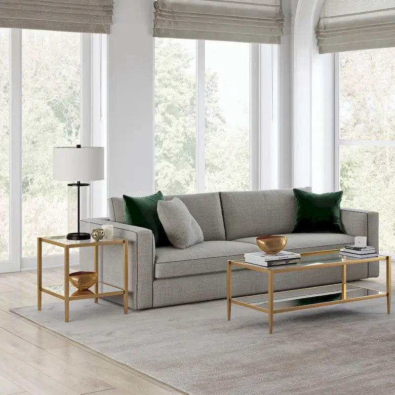 Square Tempered Glass Top Steel Frame Side Table with Open Shelf