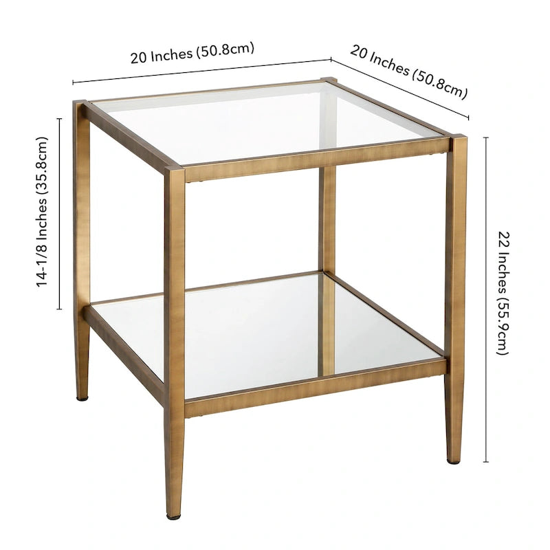 Square Tempered Glass Top Steel Frame Side Table with Open Shelf