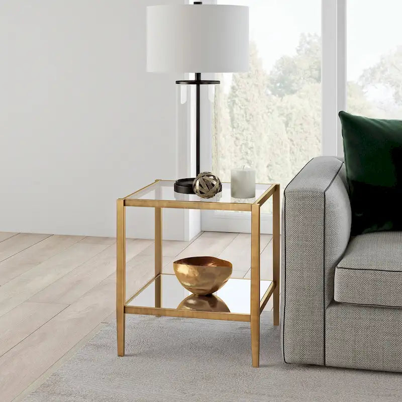 Square Tempered Glass Top Steel Frame Side Table with Open Shelf