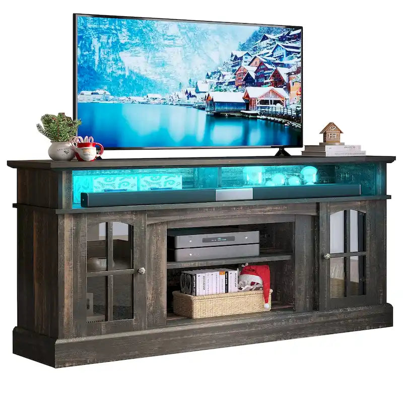 58-Inch Farmhouse TV Stand with RGB LED Lights and Enclosed Storage