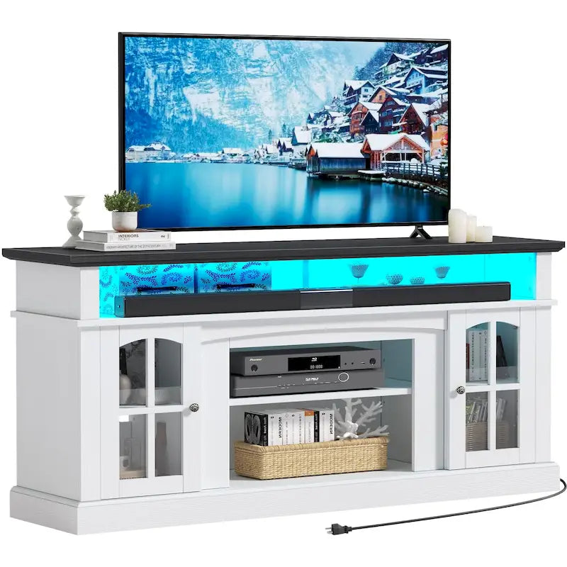 58-Inch Farmhouse TV Stand with RGB LED Lights and Enclosed Storage