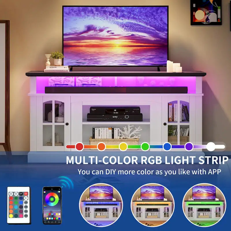 58-Inch Farmhouse TV Stand with RGB LED Lights and Enclosed Storage
