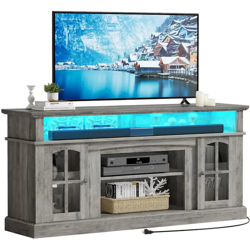 58-Inch Farmhouse TV Stand with RGB LED Lights and Enclosed Storage
