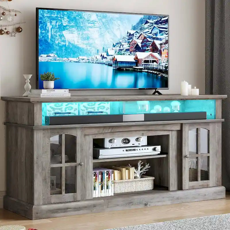 58-Inch Farmhouse TV Stand with RGB LED Lights and Enclosed Storage