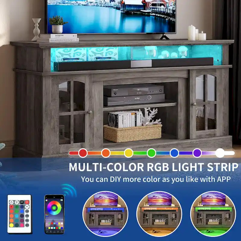 58-Inch Farmhouse TV Stand with RGB LED Lights and Enclosed Storage