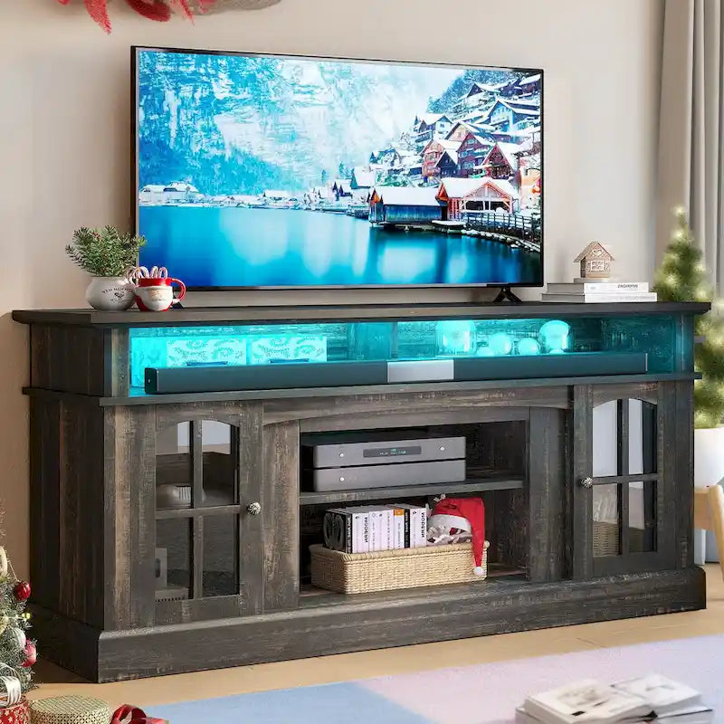 58-Inch Farmhouse TV Stand with RGB LED Lights and Enclosed Storage