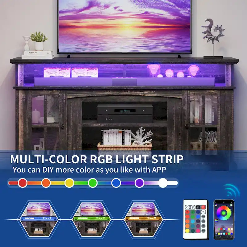 58-Inch Farmhouse TV Stand with RGB LED Lights and Enclosed Storage