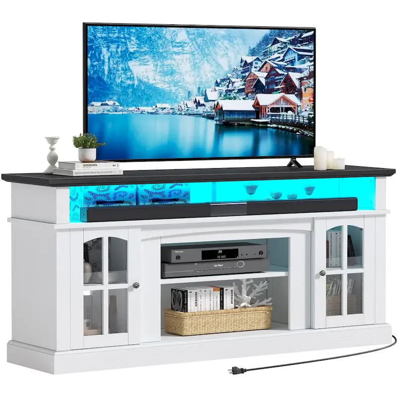 58-Inch Farmhouse TV Stand with RGB LED Lights and Enclosed Storage