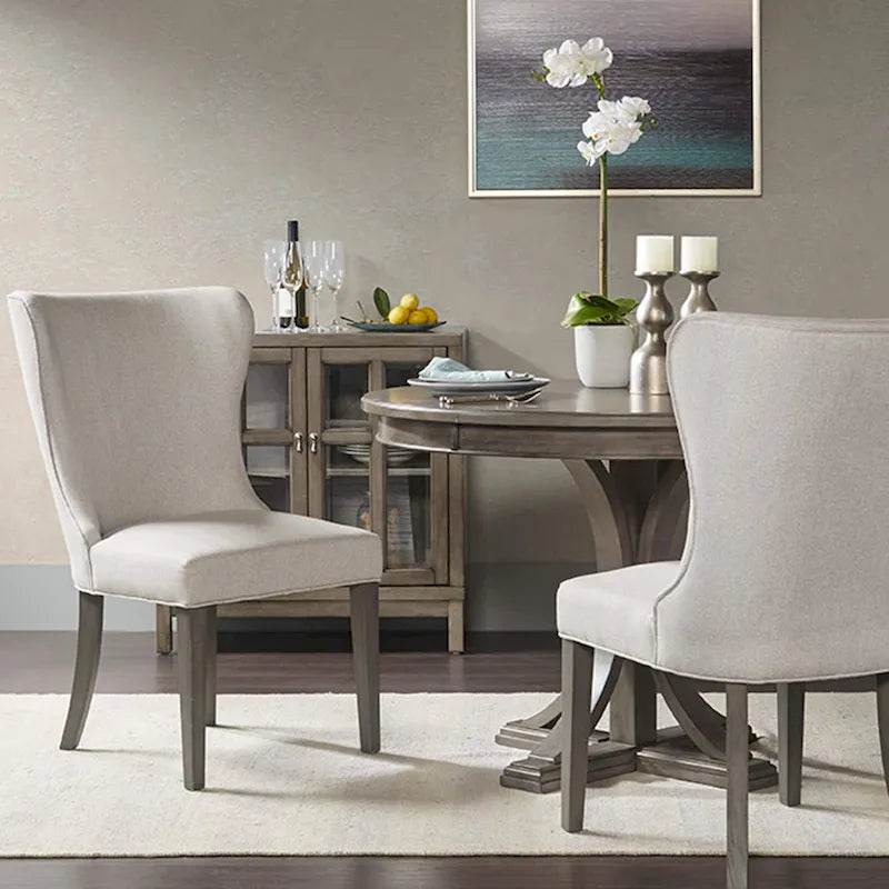 Wingback Upholstered Dining Side Chair with Solid Wood Legs, Cream Grey