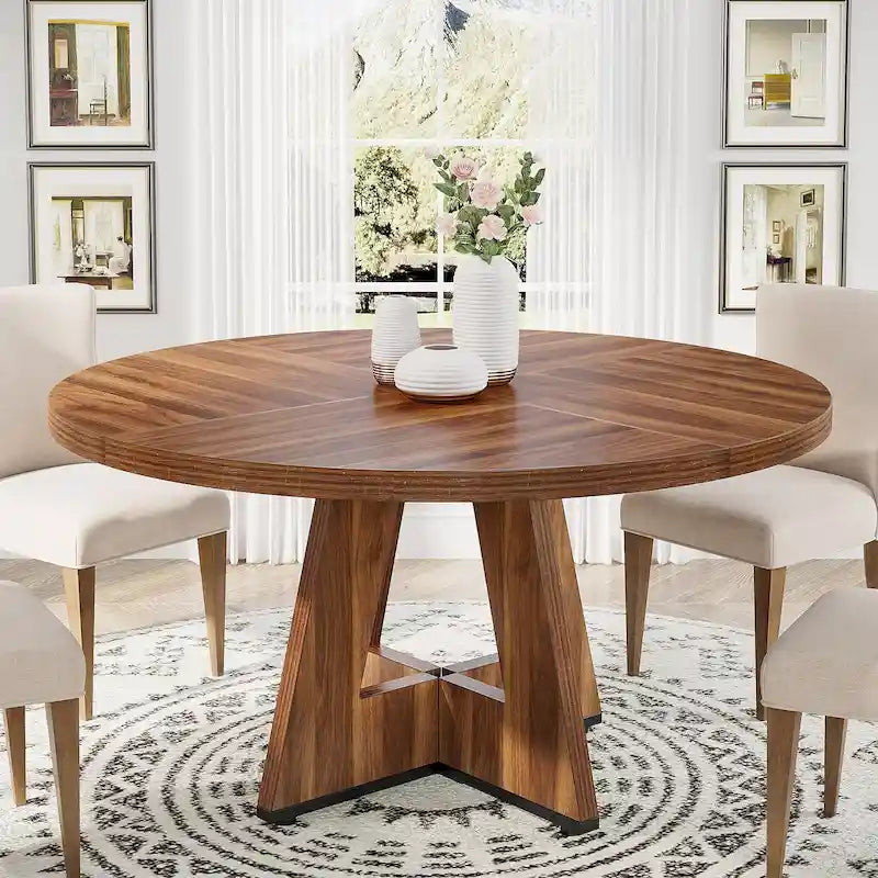 Round Solid Wood Dining Table with Pedestal Base, Seats 4, Brown Grey Tan Black