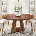 Round Solid Wood Dining Table with Pedestal Base, Seats 4, Brown Grey Tan Black