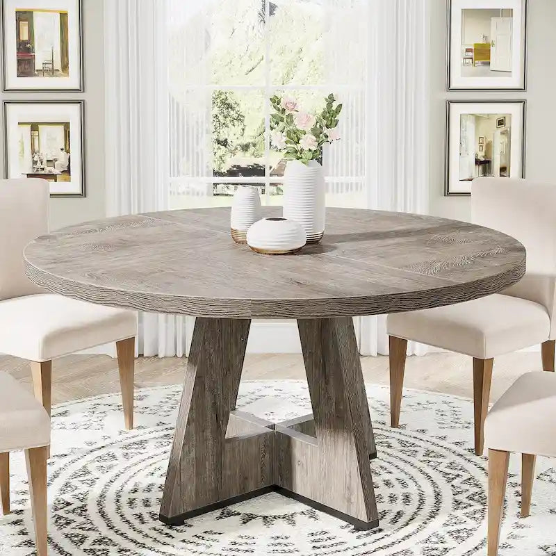 Round Solid Wood Dining Table with Pedestal Base, Seats 4, Brown Grey Tan Black