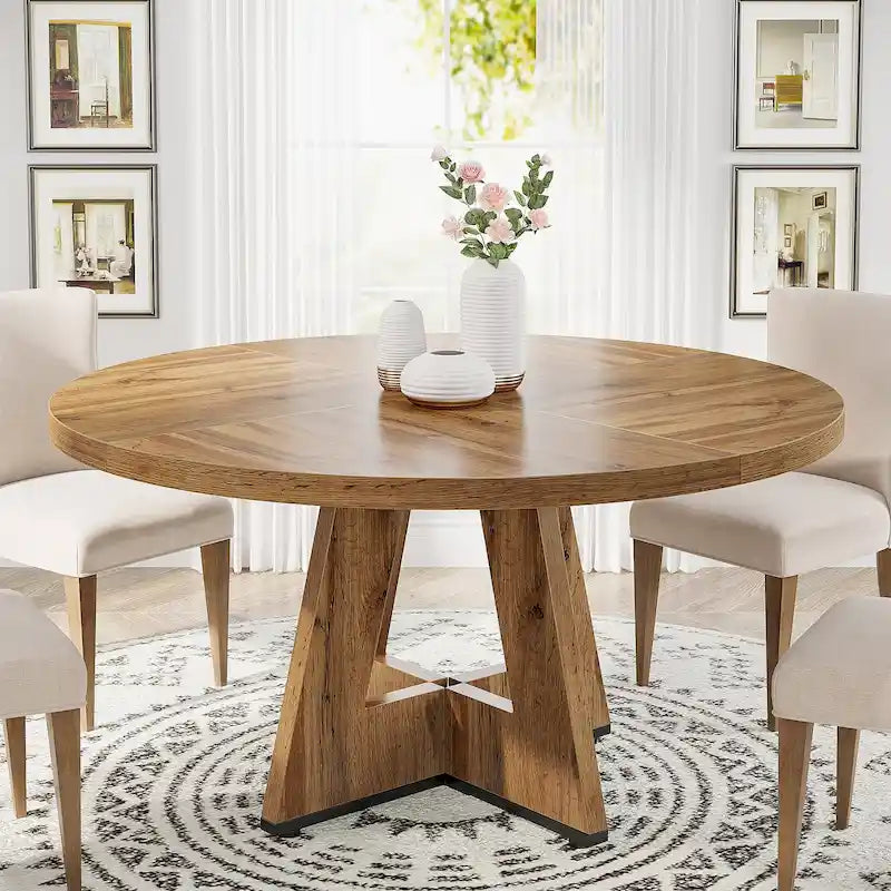 Round Solid Wood Dining Table with Pedestal Base, Seats 4, Brown Grey Tan Black
