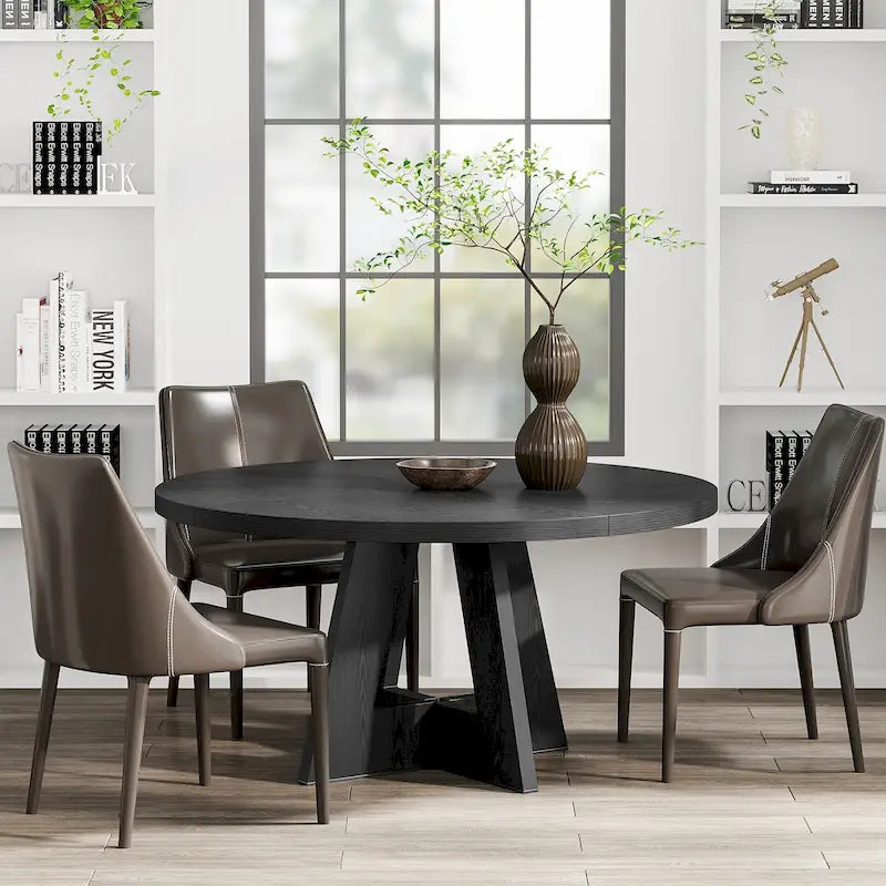 Round Solid Wood Dining Table with Pedestal Base, Seats 4, Brown Grey Tan Black