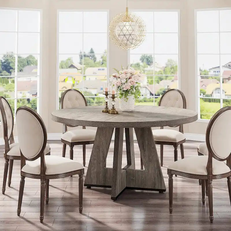 Round Solid Wood Dining Table with Pedestal Base, Seats 4, Brown Grey Tan Black