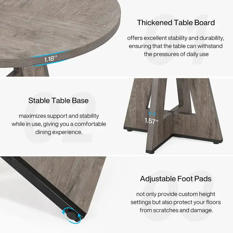 Round Solid Wood Dining Table with Pedestal Base, Seats 4, Brown Grey Tan Black