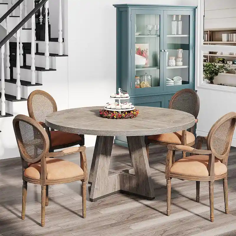 Round Solid Wood Dining Table with Pedestal Base, Seats 4, Brown Grey Tan Black