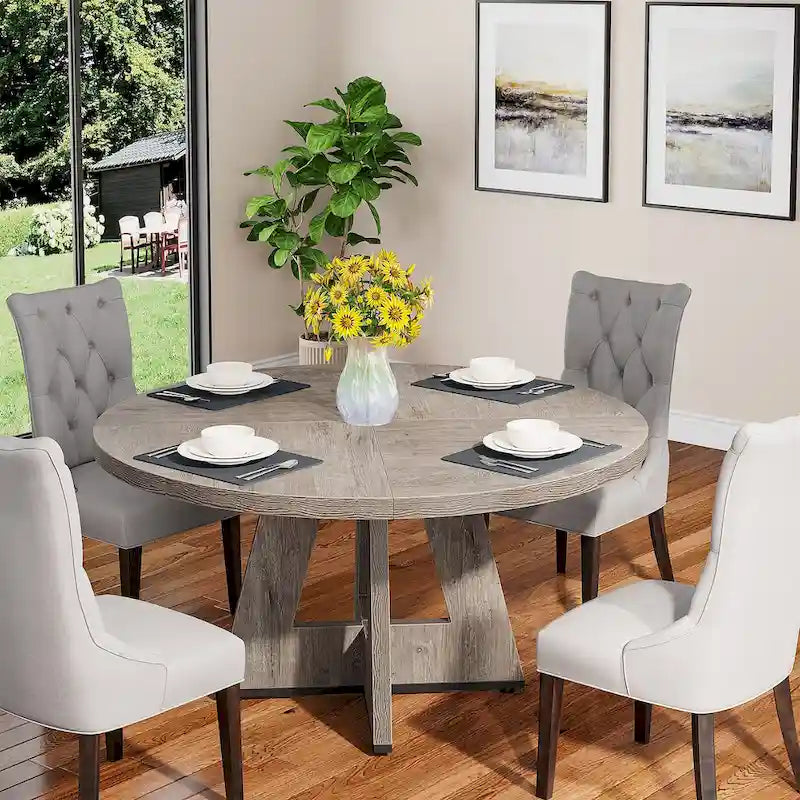 Round Solid Wood Dining Table with Pedestal Base, Seats 4, Brown Grey Tan Black