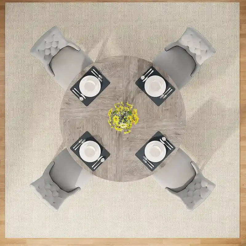 Round Solid Wood Dining Table with Pedestal Base, Seats 4, Brown Grey Tan Black