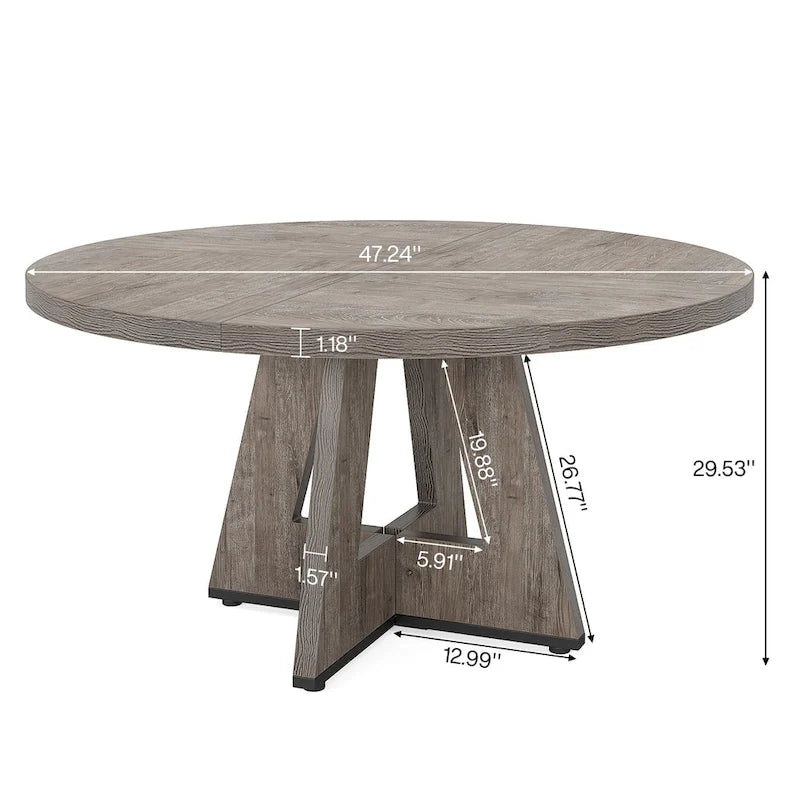 Round Solid Wood Dining Table with Pedestal Base, Seats 4, Brown Grey Tan Black