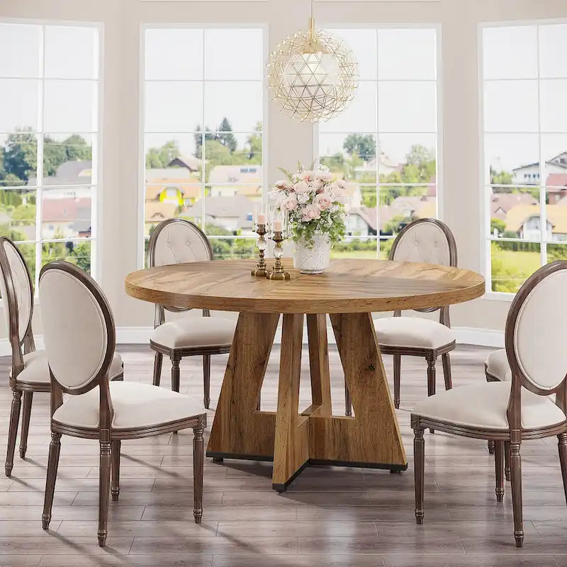 Round Solid Wood Dining Table with Pedestal Base, Seats 4, Brown Grey Tan Black
