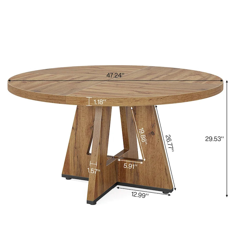 Round Solid Wood Dining Table with Pedestal Base, Seats 4, Brown Grey Tan Black