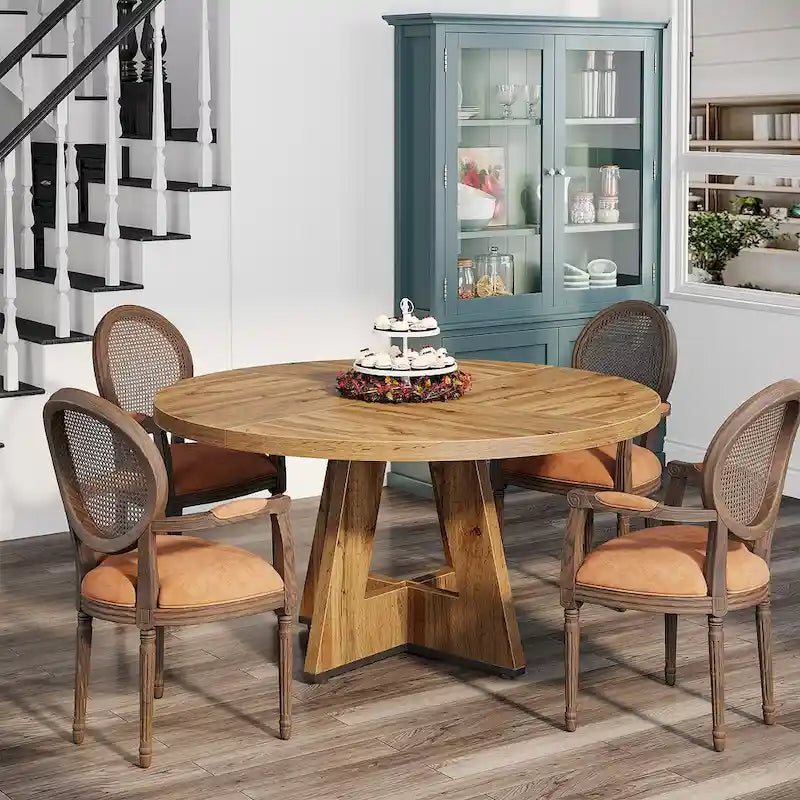 Round Solid Wood Dining Table with Pedestal Base, Seats 4, Brown Grey Tan Black