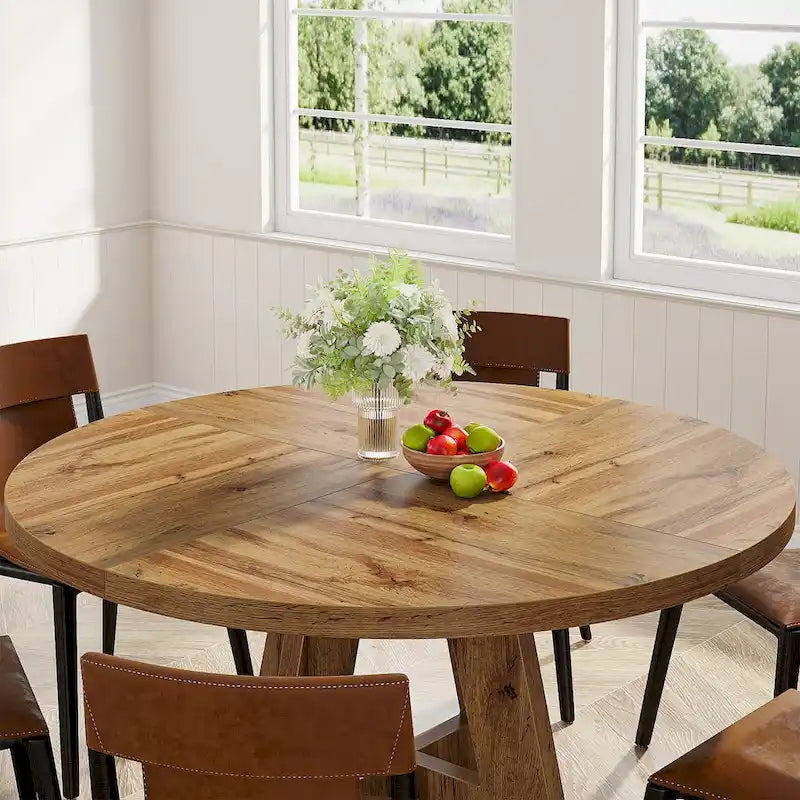 Round Solid Wood Dining Table with Pedestal Base, Seats 4, Brown Grey Tan Black