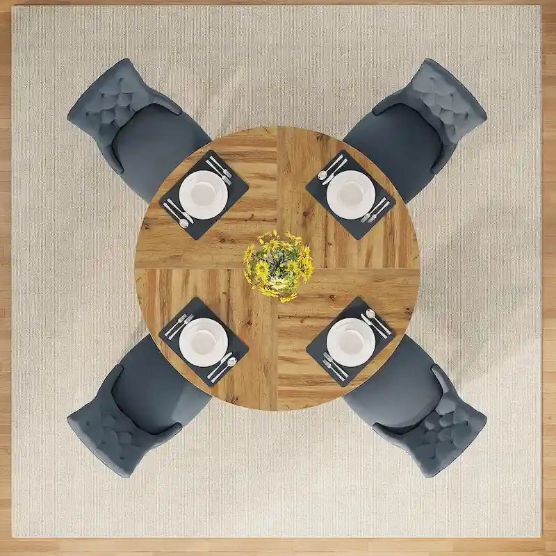 Round Solid Wood Dining Table with Pedestal Base, Seats 4, Brown Grey Tan Black