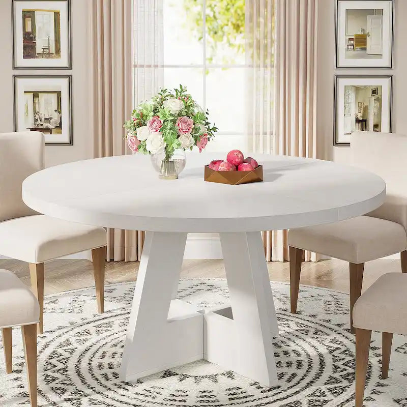 Round Solid Wood Dining Table with Pedestal Base, Seats 4, Brown Grey Tan Black