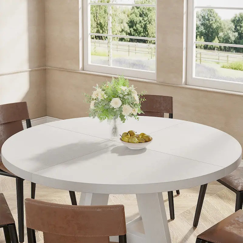 Round Solid Wood Dining Table with Pedestal Base, Seats 4, Brown Grey Tan Black
