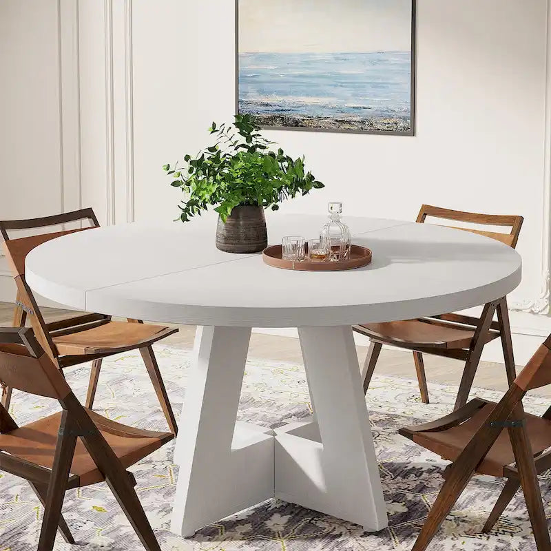Round Solid Wood Dining Table with Pedestal Base, Seats 4, Brown Grey Tan Black