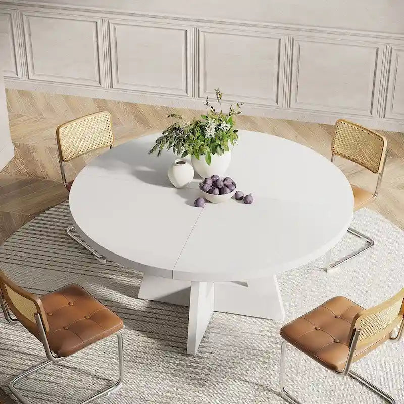 Round Solid Wood Dining Table with Pedestal Base, Seats 4, Brown Grey Tan Black