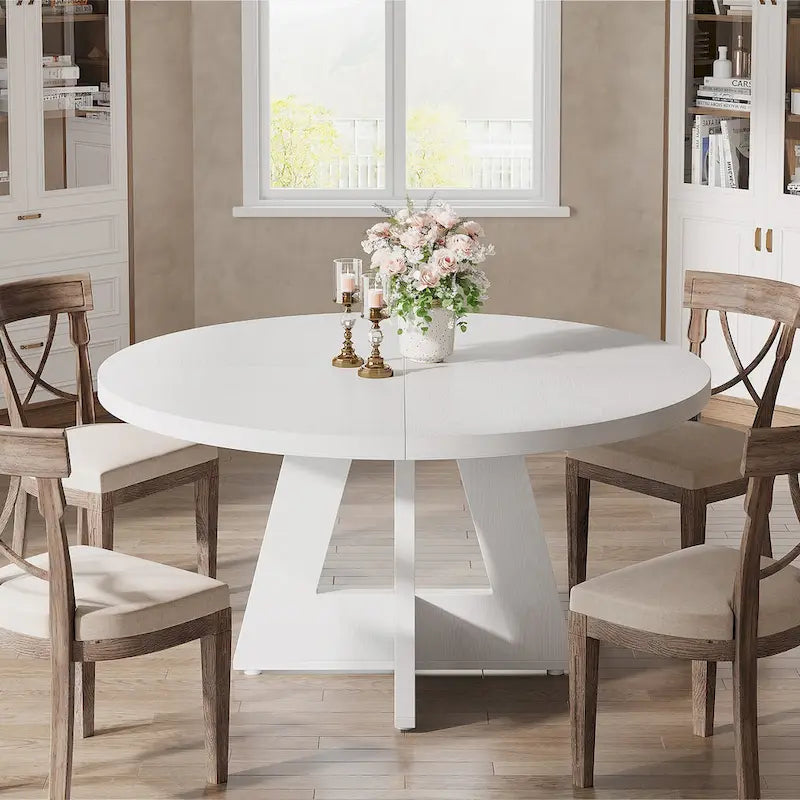 Round Solid Wood Dining Table with Pedestal Base, Seats 4, Brown Grey Tan Black