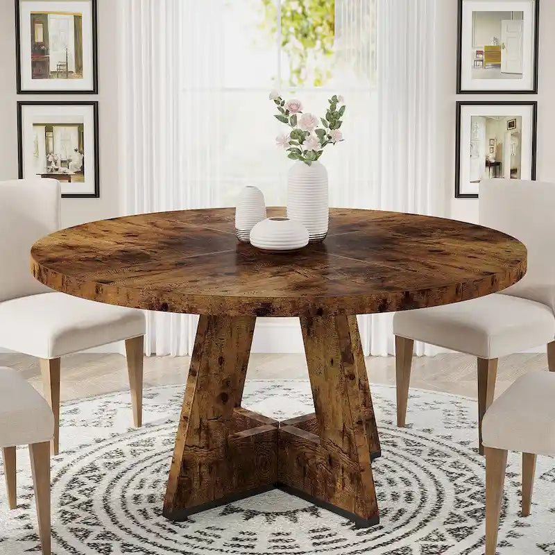 Round Solid Wood Dining Table with Pedestal Base, Seats 4, Brown Grey Tan Black
