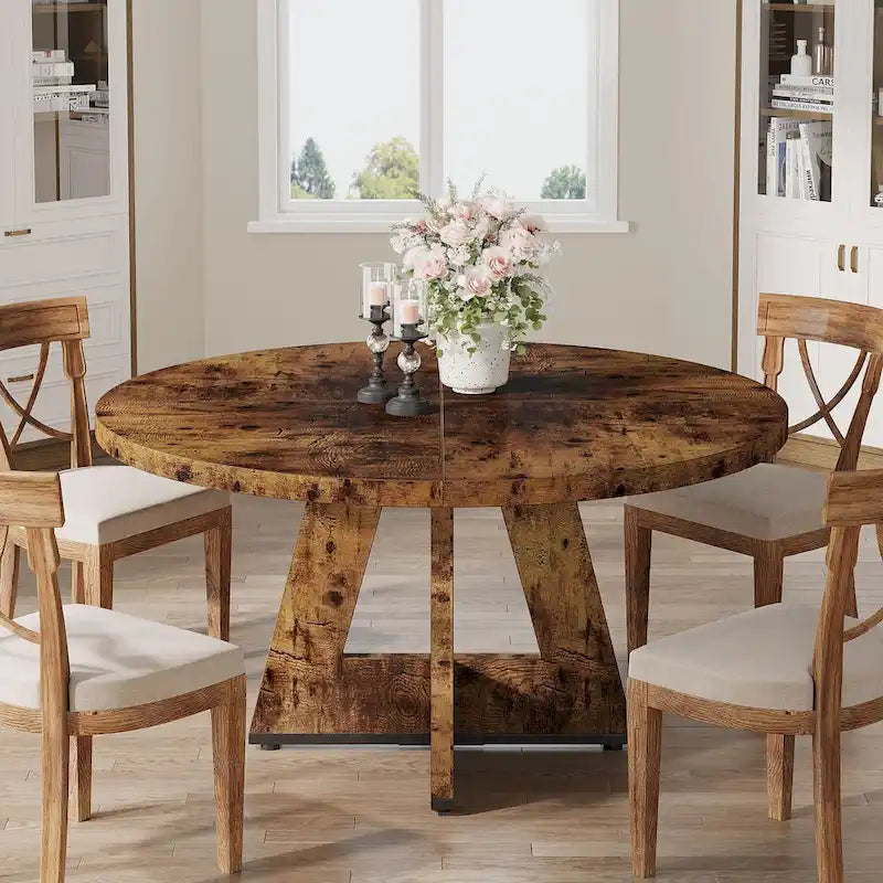 Round Solid Wood Dining Table with Pedestal Base, Seats 4, Brown Grey Tan Black