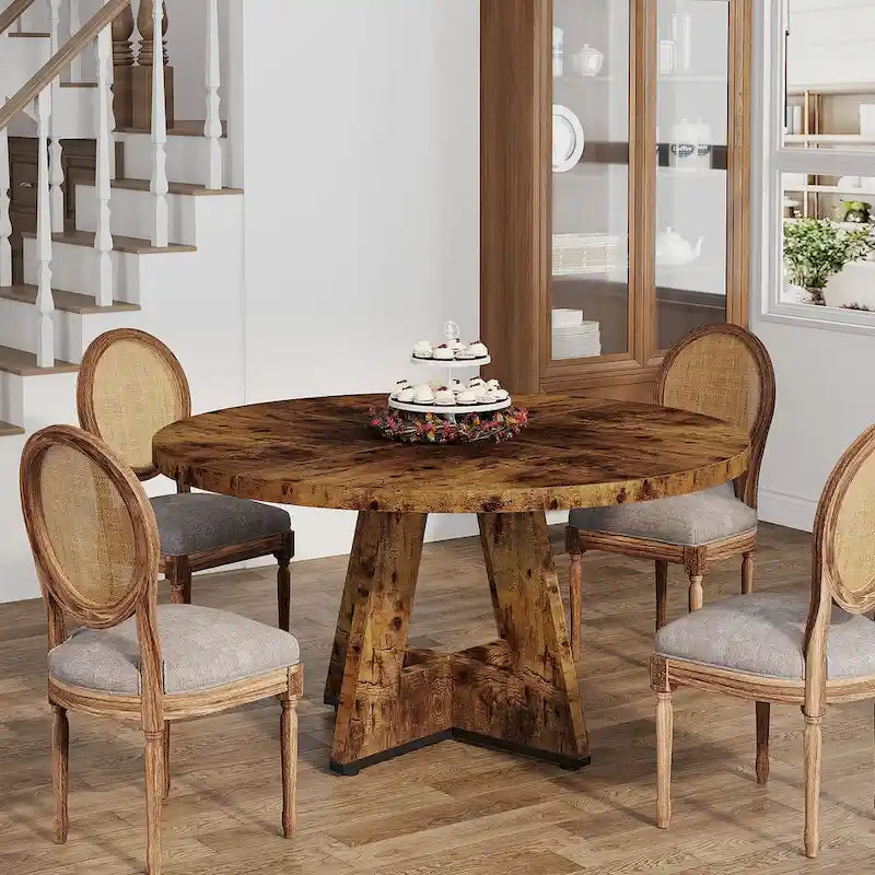 Round Solid Wood Dining Table with Pedestal Base, Seats 4, Brown Grey Tan Black